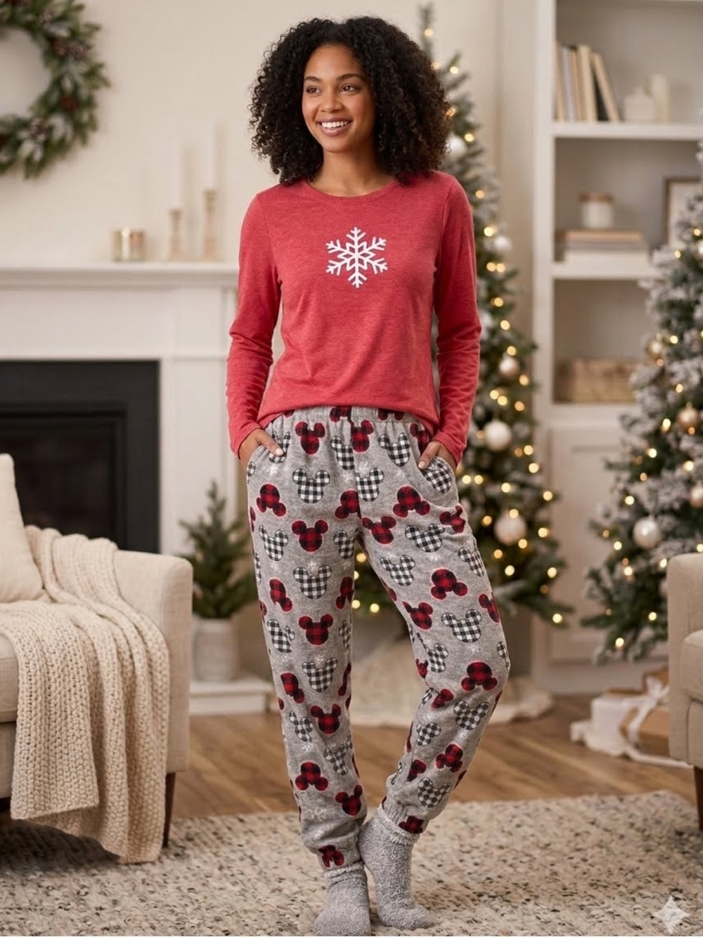Disney Mickey Mouse Grey Fleece Pajama Pants Joggers Plaid Red Black Size Med